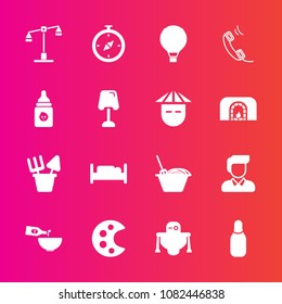 Premium set with fill vector icons. Such as bedroom, dinner, communication, cyborg, bowling, north, drink, palette, phone, glass, double, jump, futuristic, drawing, wine, judge, boy, compass, law, map