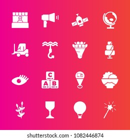 Premium set with fill vector icons. Such as wine, orbit, extreme, market, magic, child, parachute, wheat, harvest, health, alcohol, map, communication, supermarket, childhood, jump, megaphone, toy
