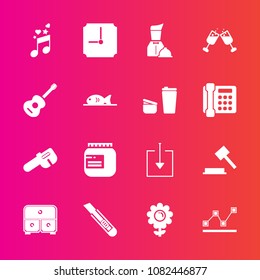 Premium set with fill vector icons. Such as phone, sugar, repair, sign, coffee, justice, guitar, floral, glass, meat, stats, cafe, hour, cutter, red, white, graph, drawer, cup, business, spring, wine