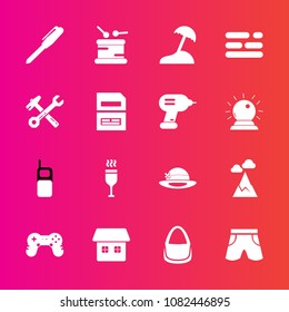 Premium set with fill vector icons. Such as palm, white, game, template, instrument, musical, layout, sky, mobile, wear, stationery, sea, nature, table, old, house, mountain, blue, glass, home, drum