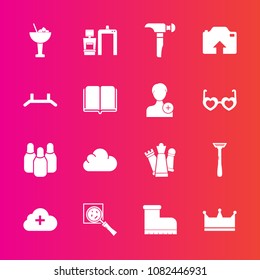Premium set with fill vector icons. Such as cocktail, bowling, sport, razor, machine, cloud, chess, photo, person, strategy, education, glass, book, library, alcohol, scan, find, footwear, drink, add