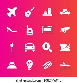 Premium set with fill vector icons. Such as airport, musical, crater, holder, car, volcano, flight, fun, music, travel, guitar, luggage, landscape, clothes, sand, aircraft, shape, restaurant, lava