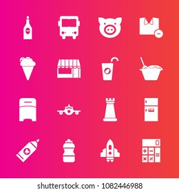 Premium set with fill vector icons. Such as clean, king, finance, chess, transport, flight, fridge, game, calculator, furniture, bed, rocket, technology, animal, space, piece, food, travel, business