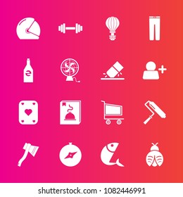 Premium set with fill vector icons. Such as seafood, tool, food, trolley, parachute, white, butterfly, lady, bug, gym, game, pants, roll, bottle, sea, fly, axe, sky, helmet, fitness, roller, brush