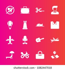 Premium set with fill vector icons. Such as road, music, health, beach, map, chess, plane, sky, travel, boy, style, sunbed, quad, man, extreme, piece, dirt, dentist, airplane, umbrella, office, game