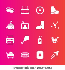 Premium set with fill vector icons. Such as cake, dental, paint, toy, beer, button, spray, horse, fun, printer, duck, off, game, baby, plane, pub, white, kite, power, fly, dentist, equipment, alcohol