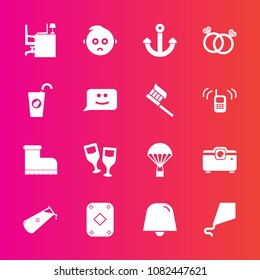 Premium set with fill vector icons. Such as drink, fresh, work, baby, cute, romance, office, fun, wedding, kid, diamond, style, glass, business, joy, parachuting, wine, kite, science, chemical, jump