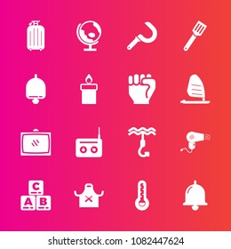 Premium set with fill vector icons. Such as childhood, entertainment, hairdryer, play, map, alarm, thermometer, farming, cooking, travel, chief, luggage, sickle, home, ring, white, call, hook, kitchen