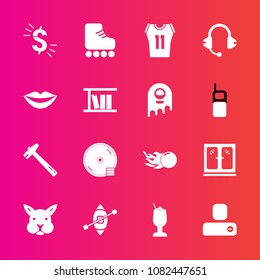 Premium set with fill vector icons. Such as disc, social, glass, cute, spanner, game, person, animal, disk, skating, astronomy, home, cd, hammer, fun, cabinet, usd, currency, bar, rabbit, human, ship