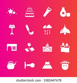 Premium set with fill vector icons. Such as people, chinese, pointer, pie, volcano, key, sign, lava, wax, flame, construction, saw, landscape, business, dessert, location, astronomy, table, young, map