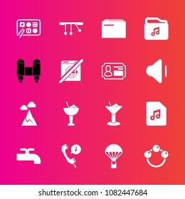 Premium set with fill vector icons. Such as mountain, craft, call, chinese, crane, music, note, blue, support, restaurant, technology, rattle, cocktail, sign, dont, sound, glass, information, business