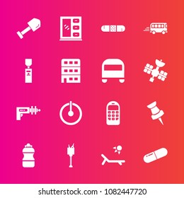 Premium set with fill vector icons. Such as bus, off, switch, tool, old, bucket, pin, speed, mobile, transport, phone, cabinet, technology, communication, telephone, interior, home, ice, vacation, map