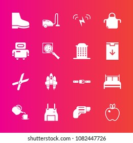 Premium set with fill vector icons. Such as housework, belt, gardening, garden, work, apple, equipment, organic, craft, gun, pinafore, cup, healthy, footwear, cyborg, food, cut, robot, energy, kitchen