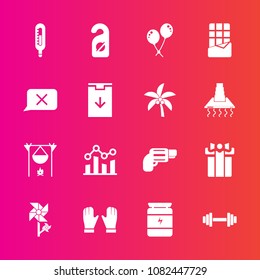 Premium set with fill vector icons. Such as flower, firearm, nutrition, motel, food, gift, health, hot, sign, weapon, present, chocolate, box, pistol, holiday, business, bonfire, finance, thermometer