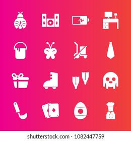 Premium set with fill vector icons. Such as box, power, table, kitchen, present, work, ufo, summer, underwater, electricity, bug, celebration, skating, restaurant, game, speaker, cinema, lady, fly