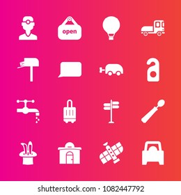 Premium set with fill vector icons. Such as technology, faucet, bag, orbit, planet, travel, shop, sign, business, clinic, store, open, station, space, estate, tap, transport, sink, road, truck, street