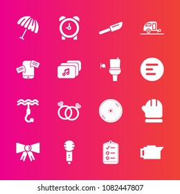 Premium set with fill vector icons. Such as microphone, check, scarf, weather, knife, watch, romance, karaoke, dvd, mark, coffee, tie, season, music, suit, diamond, time, fashion, voice, protection