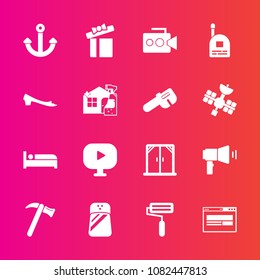 Premium set with fill vector icons. Such as salt, spanner, handle, paint, business, wrench, young, present, footwear, tool, modern, fun, communication, seasoning, megaphone, video, celebration, media
