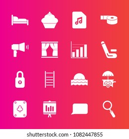 Premium set with fill vector icons. Such as glass, doughnut, report, annual, bed, zoom, communication, sun, sound, office, sign, adhesive, curtain, speech, cake, document, poker, dessert, food, lock