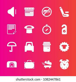 Premium set with fill vector icons. Such as home, day, shirt, hour, umbrella, vehicle, christmas, warm, up, championship, volume, time, weather, glass, alarm, honey, air, music, competition, boiler