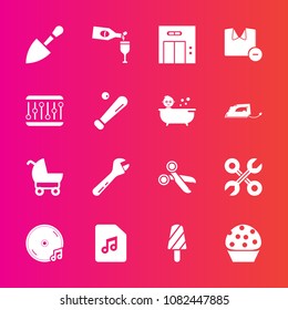 Premium set with fill vector icons. Such as clothes, album, male, wine, sweet, man, ice, industrial, pram, baby, cut, service, carriage, modern, office, lift, note, doughnut, sound, summer, spanner