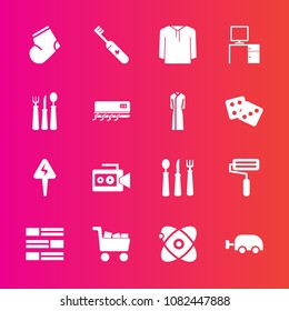 Premium set with fill vector icons. Such as kitchen, conditioner, cart, paint, warm, fork, clean, space, camera, clothes, universe, jacket, equipment, film, clothing, office, work, video, desk, knife