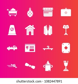 Premium set with fill vector icons. Such as emergency, shipping, restaurant, fashion, road, menu, exotic, achievement, first, fruit, bow, hanger, time, gift, flight, play, travel, schedule, truck, day