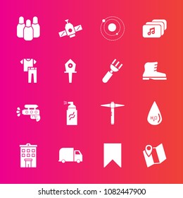 Premium set with fill vector icons. Such as abstract, music, clothing, science, hammer, play, street, service, delivery, game, drop, location, sign, business, collection, system, orbit, estate, real