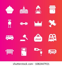 Premium set with fill vector icons. Such as bus, dessert, groom, jar, water, alcohol, road, sea, sport, judge, glass, sweet, bride, wedding, transportation, speed, cake, food, shop, couple, religious