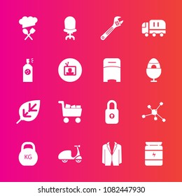 Premium set with fill vector icons. Such as heavy, transport, spanner, cycle, chemistry, restaurant, suit, business, molecule, truck, bodybuilding, cargo, ride, technology, bike, hammer, health, car