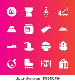 Premium set with fill vector icons. Such as lamp, rice, alien, clown, flashlight, screen, white, fiction, business, monster, ufo, sport, skate, percussion, table, tv, food, space, flight, real, plane
