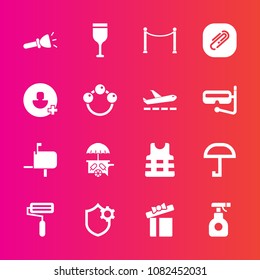 Premium set with fill vector icons. Such as van, glass, jacket, chemical, umbrella, roll, internet, red, sprayer, pesticide, spray, message, light, wine, rain, cream, safety, roller, account, clip