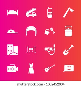 Premium set with fill vector icons. Such as guitar, estate, snorkel, tool, chat, building, drum, white, video, equipment, hammer, truck, screwdriver, female, sign, fashion, telephone, water, transport