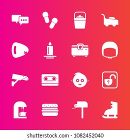 Premium set with fill vector icons. Such as footwear, lawn, handle, box, sign, hamburger, talk, drink, security, mower, childhood, tape, water, cafe, audio, child, coffee, espresso, surveillance, post