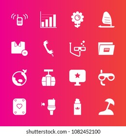 Premium set with fill vector icons. Such as phone, bathroom, airplane, palm, telephone, bottle, play, floral, sea, game, computer, flower, poker, diagram, mask, fashion, toilet, perfume, communication