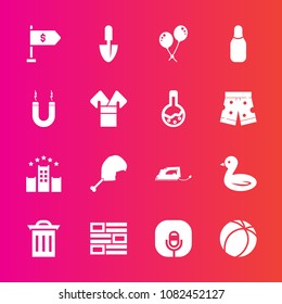 Premium set with fill vector icons. Such as waste, money, meat, chicken, microphone, vacation, nature, magnet, trash, birthday, energy, radio, decoration, bowling, wildlife, recycle, sound, cone, news