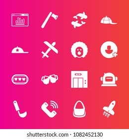 Premium set with fill vector icons. Such as business, bag, helmet, kitchen, modern, analytics, axe, elevator, pub, entrance, clothing, construction, food, launch, lift, call, screwdriver, headwear