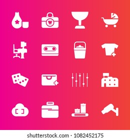 Premium set with fill vector icons. Such as add, table, health, camera, pram, search, brush, surveillance, care, desk, city, japanese, food, briefcase, clean, baby, japan, cuisine, glass, sign, sake