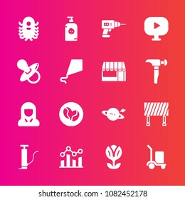 Premium set with fill vector icons. Such as business, work, caffeine, nature, planet, trend, happy, soap, chart, lady, fiction, equipment, monster, hand, blossom, ufo, cargo, face, saturn, street, fun