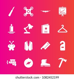 Premium set with fill vector icons. Such as wrench, insect, knife, spanner, candle, beauty, kitchen, leather, camera, style, document, hotel, play, water, report, accessory, meat, control, footwear