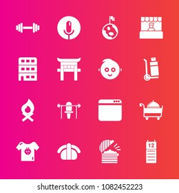 Premium set with fill vector icons. Such as fish, sport, chef, baby, fitness, voice, coffee, space, seafood, clothes, store, fireplace, hot, earth, child, sound, food, web, restaurant, globe, internet