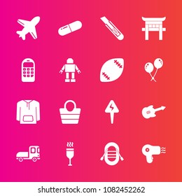 Premium set with fill vector icons. Such as sailboat, delivery, sign, mobile, red, hairdryer, wine, alcohol, bag, jacket, leather, old, airplane, japan, ship, vehicle, boat, aircraft, glass, travel
