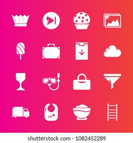 Premium set with fill vector icons. Such as clean, ladder, filter, play, infant, king, wine, bag, sport, water, cake, alcohol, crown, child, snorkel, service, image, luxury, glass, coffee, photo, food