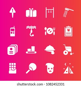 Premium set with fill vector icons. Such as adventure, leisure, tennis, food, present, restaurant, danger, tent, retro, service, wheelchair, id, hipster, camp, bath, style, exercise, bar, exclamation