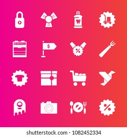 Premium set with fill vector icons. Such as paper, present, oven, delivery, fashion, package, cargo, spoon, photography, technology, alien, sale, ufo, percent, shirt, lock, fiction, health, gift, box