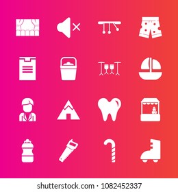 Premium set with fill vector icons. Such as outdoor, camp, package, lollipop, supermarket, store, health, sound, shorts, shipping, mute, boy, fashion, sweet, delivery, work, pendulum, theater, dentist