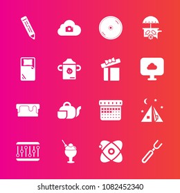 Premium set with fill vector icons. Such as food, dinner, drink, disk, knife, vehicle, bed, disc, adventure, pie, concept, tea, teapot, travel, restaurant, cream, universe, schedule, pen, camp, space