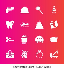Premium set with fill vector icons. Such as firearm, hat, dish, cut, kitchen, care, food, gun, clean, mill, handgun, health, healthy, wind, organic, hygiene, party, electricity, espresso, pistol, pot