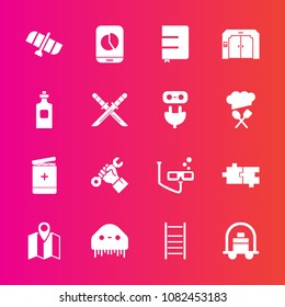 Premium set with fill vector icons. Such as book, orbit, elevator, travel, space, medical, helmet, mobile, business, drink, baggage, service, mask, hotel, construction, location, pin, paper, liquid