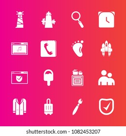 Premium set with fill vector icons. Such as fashion, kitchen, music, web, cooking, coat, light, airport, child, outfit, food, brush, jacket, sea, bag, luggage, time, ocean, sign, object, book, hour